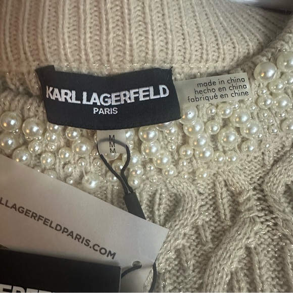 Karl Lagerfeld Paris Beige Shimmer Cable Knit Sweater with Faux Pearls Size M - Picture 7 of 12